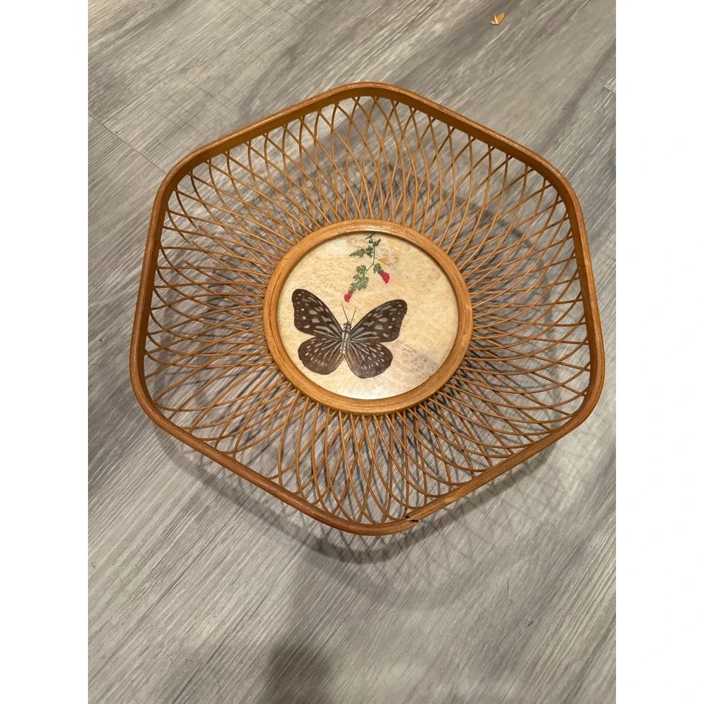 Vintage Woven Wicker Butterfly Basket Bamboo Serving Tray Boho Decor